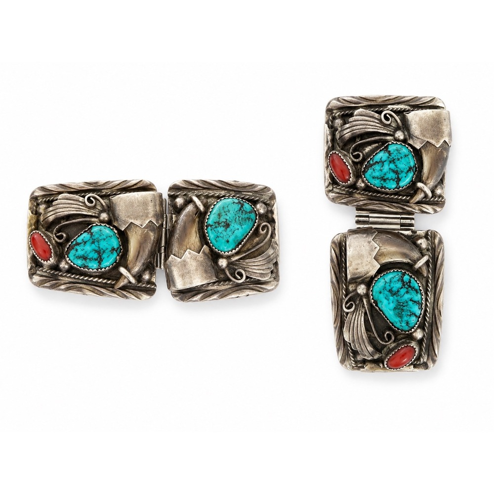 Vintage Navajo Sterling Silver Turquoise Coral Bear Claw Watch Band Old Pawn DDC